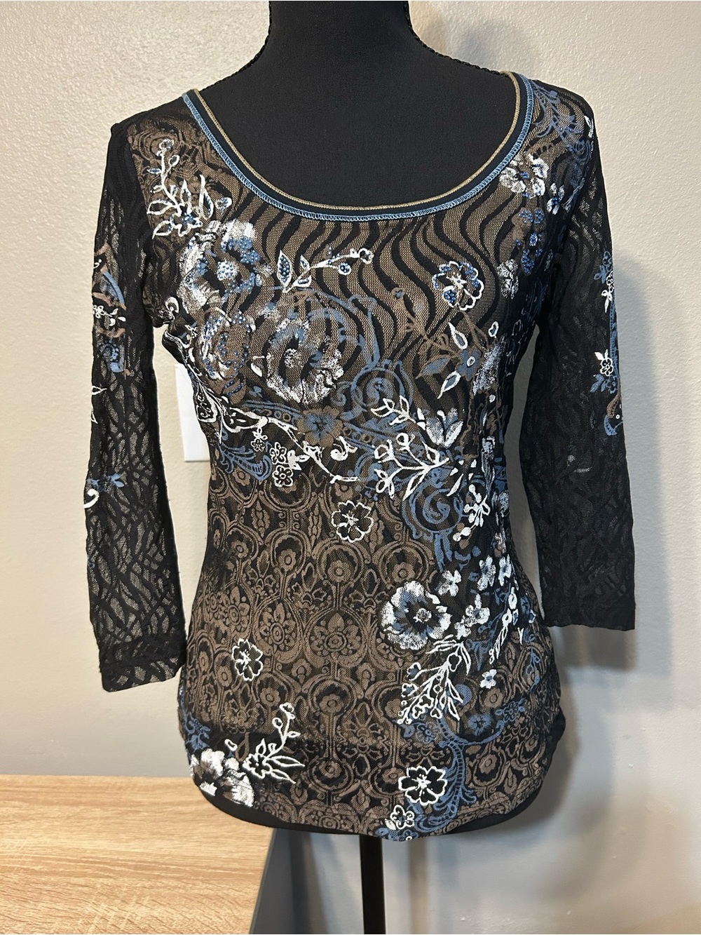 Vanilla Sugar PS Y2K Lace Mesh Top Floral Rhinestone 3/4 Sleeve Fairy Grunge